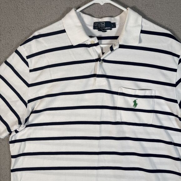 Polo By Ralph Lauren Polo Shirt Men’s Size L White Navy Blue Stripes Green Pony - Picture 3 of 12